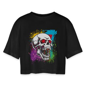 Skull on colorful spots - Women’s Oversized Cropped T-Shirt - black - Front - AI Model Female 172 light (172cm)