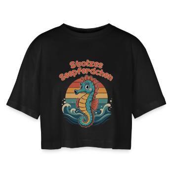Stolzes Seepferdchen Schwimmen Retro Design - Frauen Oversized Cropped T-Shirt - Schwarz - Vorne - AI Model Female 172 light (172cm)