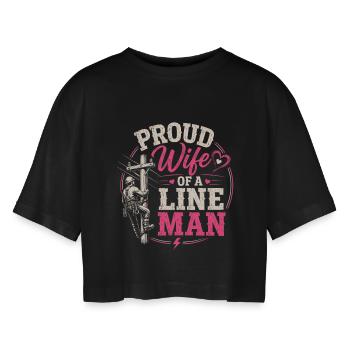 Proud wife of a lineman power line - Women’s Oversized Cropped T-Shirt - black - Front - AI Model Female 172 light (172cm)