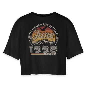 Juni 1998 Geschenk zum 27-jährigen Jubiläum Juni 1998 Retro - Frauen Oversized Cropped T-Shirt - Schwarz - Vorne - AI Model Female 172 light (172cm)
