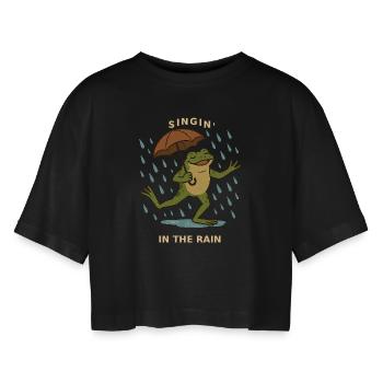 Froschkröte singt im Regen mit Regenschirm - Frauen Oversized Cropped T-Shirt - Schwarz - Vorne - AI Model Female 172 light (172cm)