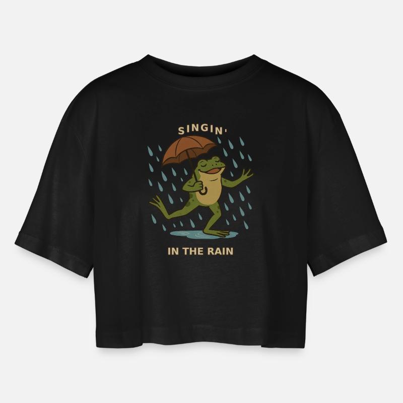 Frog Toad singing in the rain with an umbrella - Women’s Oversized Cropped T-Shirt - black