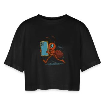 Mobile Ant - Women’s Oversized Cropped T-Shirt - black - Front - AI Model Female 172 light (172cm)