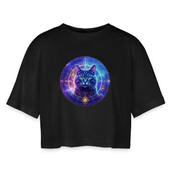 "Mystical Cat in the Cosmic Energy Field" - Women’s Oversized Cropped T-Shirt - black - Front - AI Model Female 172 light (172cm)