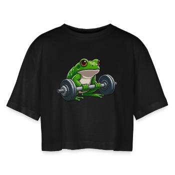 Strong frog while lifting weights - Women’s Oversized Cropped T-Shirt - black - Front - AI Model Female 172 light (172cm)
