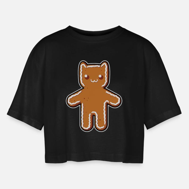 Lebkuchen-Katze - Frauen Oversized Cropped T-Shirt - Schwarz