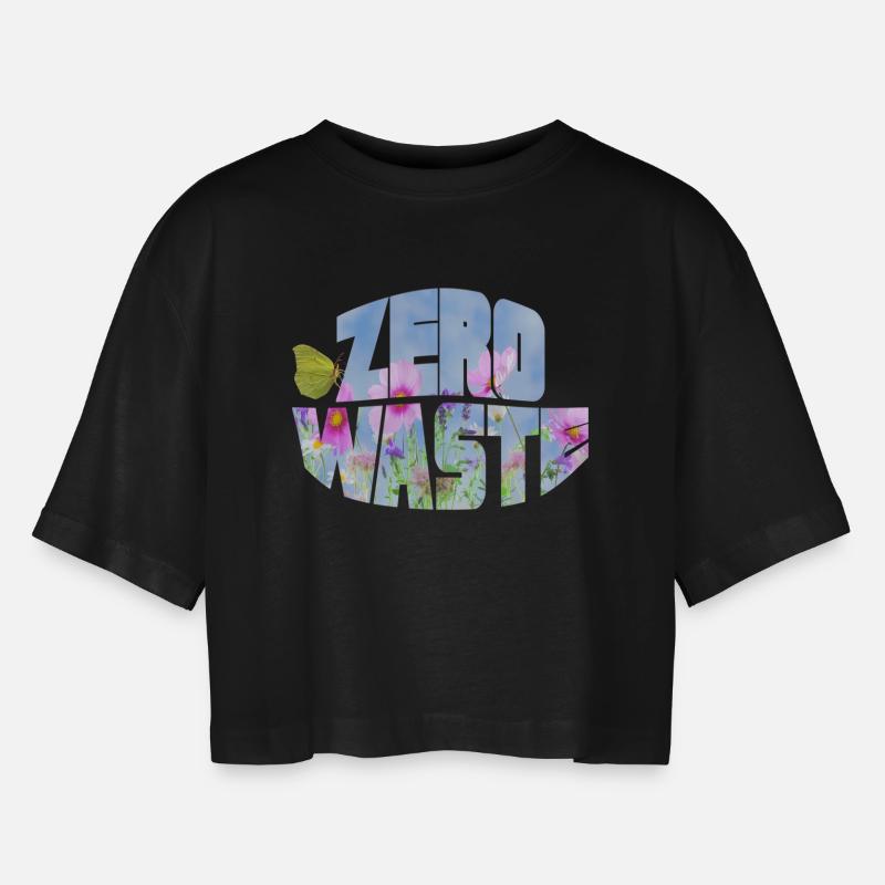 Zero Waste Flower Meadow with Butterfly - Women’s Oversized Cropped T-Shirt - black