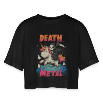 Einhorn Metal - Frauen Oversized Cropped T-Shirt - Schwarz - Vorne - AI Model Female 172 light (172cm)