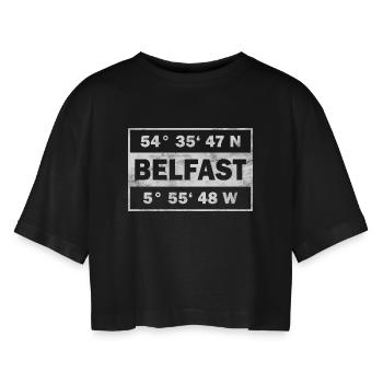 Belfast Coordinates Northern Ireland Belfast - Women’s Oversized Cropped T-Shirt - black - Front - AI Model Female 172 light (172cm)