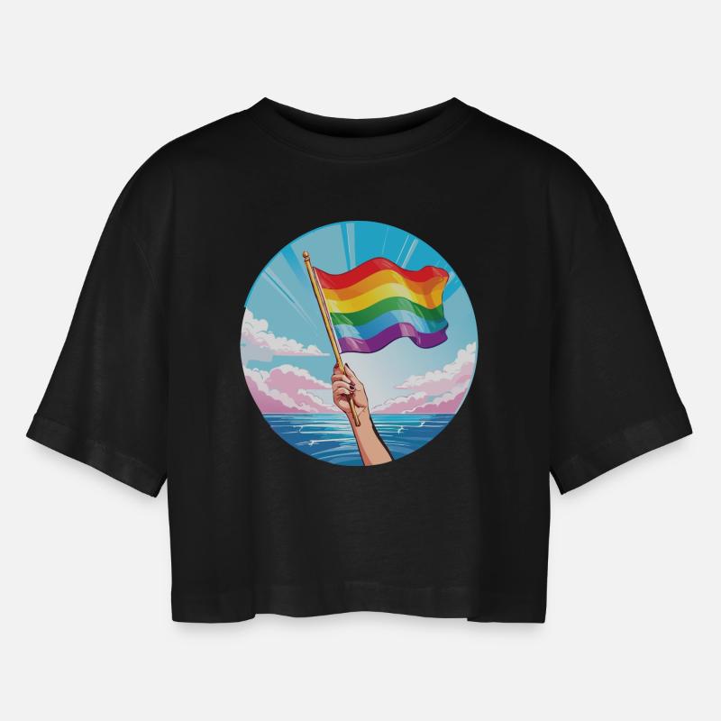 Pride Flag Ocean - Women’s Oversized Cropped T-Shirt - black