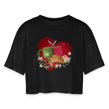Breakfast for two with croissant, coffee and berries - Women’s Oversized Cropped T-Shirt - black - Front - AI Model Female 172 light (172cm)