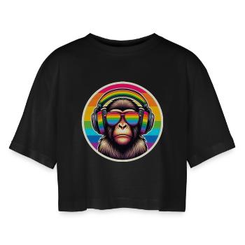 Monkey Headphones Glasses Rainbow Colorful - Women’s Oversized Cropped T-Shirt - black - Front - AI Model Female 172 light (172cm)