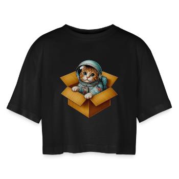 Astronaut Katze - Frauen Oversized Cropped T-Shirt - Schwarz - Vorne - AI Model Female 172 light (172cm)