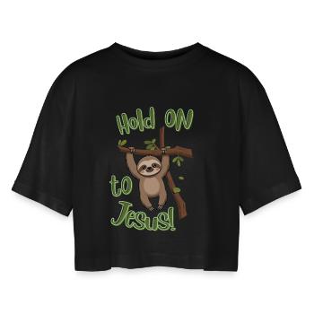 Jesus My Hold - Sloth - Christian - faith - Women’s Oversized Cropped T-Shirt - black - Front - AI Model Female 172 light (172cm)