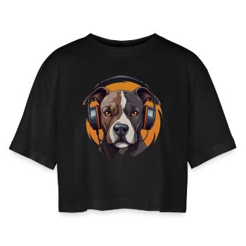 Pitbull mit Kopfhörern Cool - Frauen Oversized Cropped T-Shirt - Schwarz - Vorne - AI Model Female 172 light (172cm)