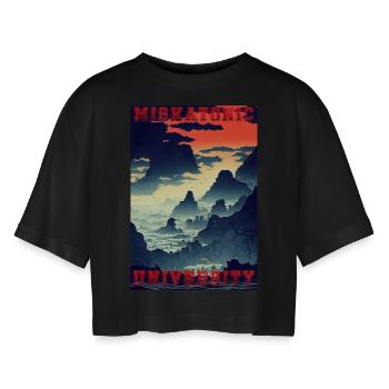 Miskatonic Universität - Frauen Oversized Cropped T-Shirt - Schwarz - Vorne - AI Model Female 172 light (172cm)