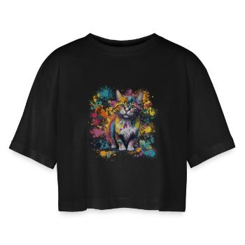 Chat coloré mignon pour les fans de chats - T-shirt court oversize Femme - noir - Devant - AI Model Female 172 light (172cm)
