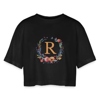 R Monogram, Couronne de fleurs, Personnalisable - T-shirt court oversize Femme - noir - Devant - AI Model Female 172 light (172cm)
