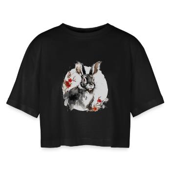 Chinesisches Sternzeichen Hase - Frauen Oversized Cropped T-Shirt - Schwarz - Vorne - AI Model Female 172 light (172cm)