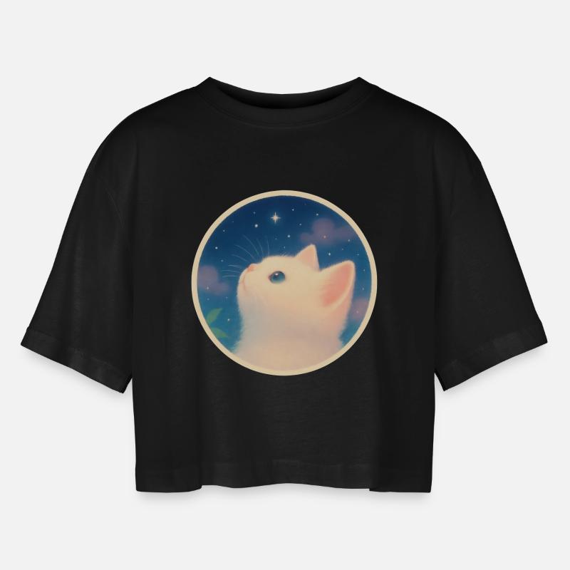 Dreamy kitten under a starry sky - Women’s Oversized Cropped T-Shirt - black