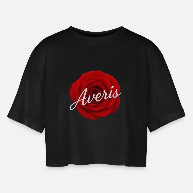 Red Rose with Avenir Text Design - Women’s Oversized Cropped T-Shirt - black
