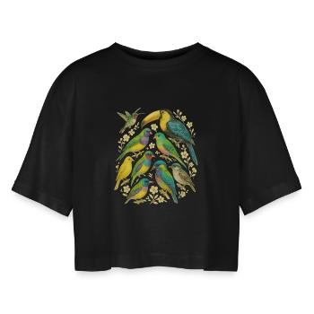 Bunte Papageien in floralem Mandala - Frauen Oversized Cropped T-Shirt - Schwarz - Vorne - AI Model Female 172 light (172cm)