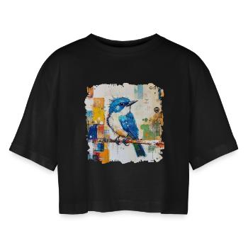 Blauer Vogel im Farbblock-Abstract - Frauen Oversized Cropped T-Shirt - Schwarz - Vorne - AI Model Female 172 light (172cm)