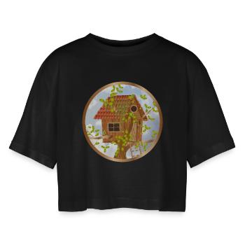 Cozy treehouse in the treetop - Women’s Oversized Cropped T-Shirt - black - Front - AI Model Female 172 light (172cm)