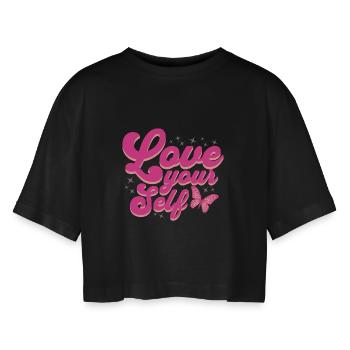 Love your Self Liebe Dich selber - Frauen Oversized Cropped T-Shirt - Schwarz - Vorne - AI Model Female 172 light (172cm)