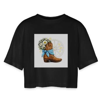 Linedance Boot Blue Bandana White Flowers Wheel - Women’s Oversized Cropped T-Shirt - black - Front - AI Model Female 172 light (172cm)