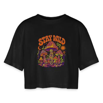 Stay Wild Pilz Psychedelia - Frauen Oversized Cropped T-Shirt - Schwarz - Vorne - AI Model Female 172 light (172cm)