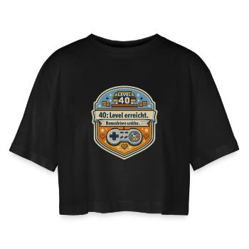 40 Level erreicht – Bonusleben unklar - Frauen Oversized Cropped T-Shirt - Schwarz - Vorne - AI Model Female 172 light (172cm)