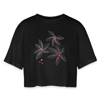 Blüten mit Perlen - Frauen Oversized Cropped T-Shirt - Schwarz - Vorne - AI Model Female 172 light (172cm)
