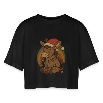 Retro Vintage Esel Elfe Weihnachten Geschenk - Frauen Oversized Cropped T-Shirt - Schwarz - Vorne - AI Model Female 172 light (172cm)