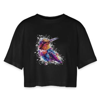 Bunter Kolibri Aquarell Spritzer - Frauen Oversized Cropped T-Shirt - Schwarz - Vorne - AI Model Female 172 light (172cm)