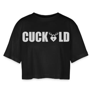 Cuckold - Women’s Oversized Cropped T-Shirt - black - Front - AI Model Female 172 light (172cm)