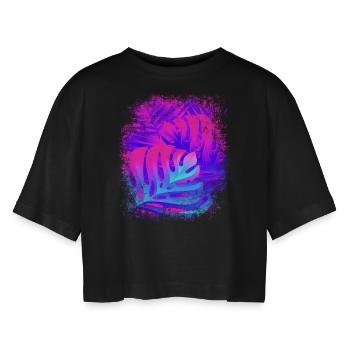 Pflanzenmuster Monstera Farn Blätter Neon rot blau - Frauen Oversized Cropped T-Shirt - Schwarz - Vorne - AI Model Female 172 light (172cm)