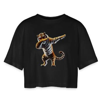 Funny Dabbing Tiger Wildlife Animal Lover - Women’s Oversized Cropped T-Shirt - black - Front - AI Model Female 172 light (172cm)