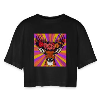 Deer with Flowers - Women’s Oversized Cropped T-Shirt - black - Front - AI Model Female 172 light (172cm)