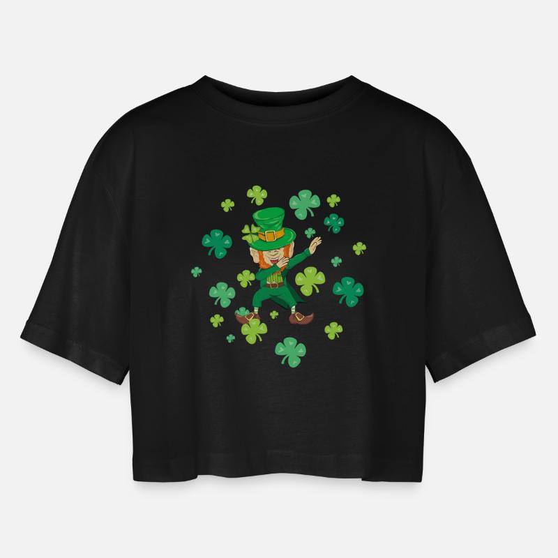 Dancing Leprechaun Dabbing Shamrocks Lucky Charm - Women’s Oversized Cropped T-Shirt - black