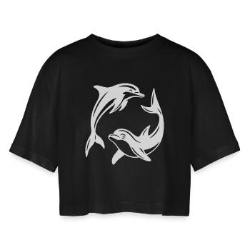Wirbelnde Delfine Silhouette Design - Frauen Oversized Cropped T-Shirt - Schwarz - Vorne - AI Model Female 172 light (172cm)