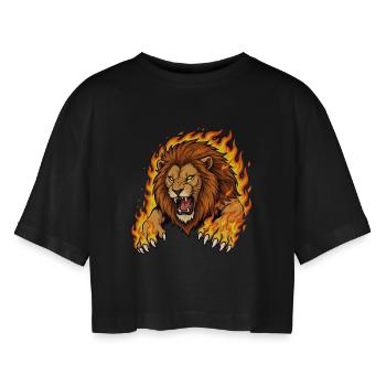Löwe in Flammen - Frauen Oversized Cropped T-Shirt - Schwarz - Vorne - AI Model Female 172 light (172cm)