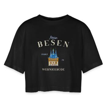 Mein Besen parkt in Wernigerode - Frauen Oversized Cropped T-Shirt - Schwarz - Vorne - AI Model Female 172 light (172cm)