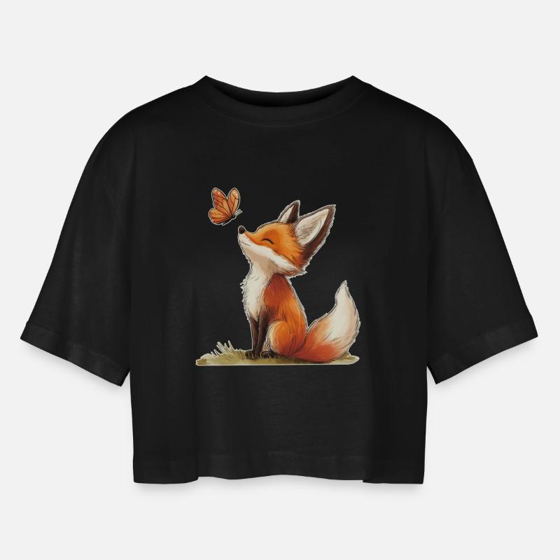 Fox with Butterfly - Women’s Oversized Cropped T-Shirt - black