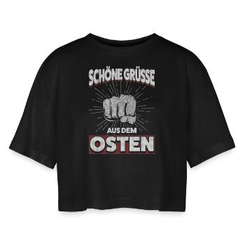 Starke Grüße aus dem Osten – Ostdeutsch und Stolz - Frauen Oversized Cropped T-Shirt - Schwarz - Vorne - AI Model Female 172 light (172cm)