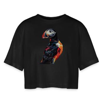 Papageitaucher - Frauen Oversized Cropped T-Shirt - Schwarz - Vorne - AI Model Female 172 light (172cm)