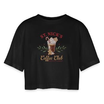 St. Nick's Coffee Club - Holiday Mood - Women’s Oversized Cropped T-Shirt - black - Front - AI Model Female 172 light (172cm)