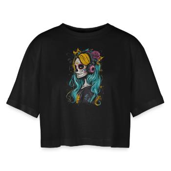 Catrina-Musikliebhaberin für Dia de los Muertos - Frauen Oversized Cropped T-Shirt - Schwarz - Vorne - AI Model Female 172 light (172cm)