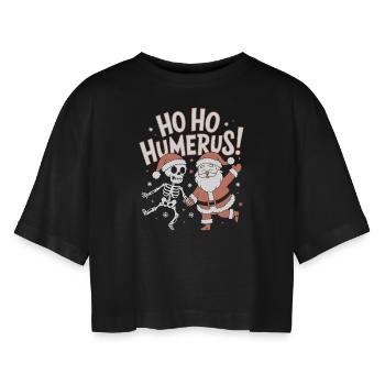 Ho Ho Humerus - Lustiges Skelett-Weihnachtsdesign - Frauen Oversized Cropped T-Shirt - Schwarz - Vorne - AI Model Female 172 light (172cm)