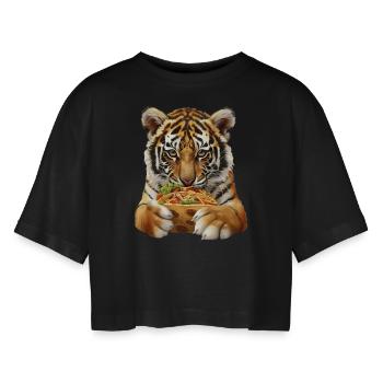 Tiger - Frauen Oversized Cropped T-Shirt - Schwarz - Vorne - AI Model Female 172 light (172cm)